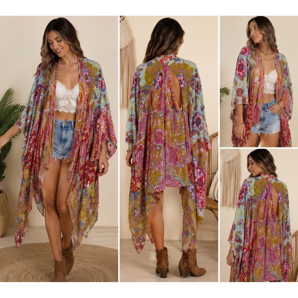 Free People Paisley Patchwork Kimono Cardigan Open Back Waterfall Duster Boho OS